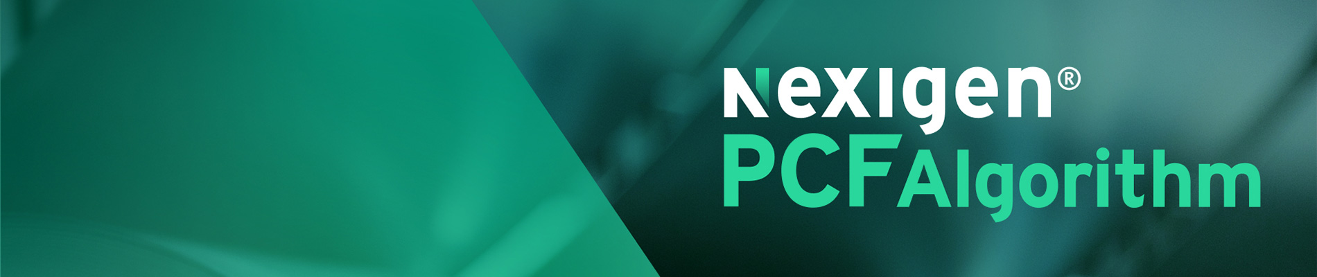 Grüner Hintergrund mit Farbverlauf und dem Text „Nexigen® PCF Algorithm” in fetten weißen und grünen Buchstaben.