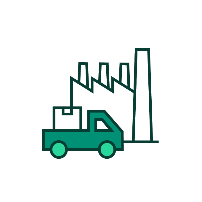 Illustration eines grünen Lastwagens, der eine Kiste vor einer Fabrik mit Schornsteinen transportiert, als Symbol für Logistik oder Industrietransport.