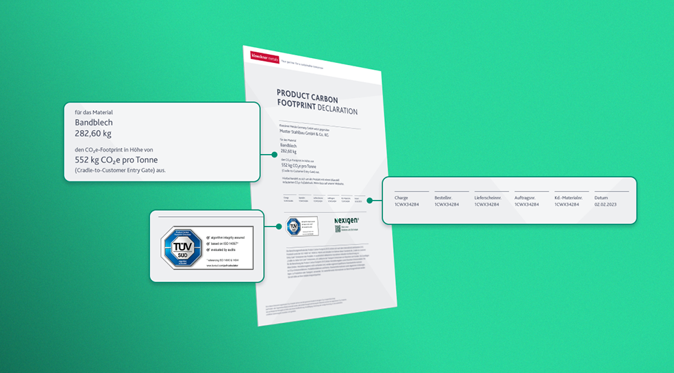 Ein Dokument mit dem Titel "Product Carbon Footprint Declaration" mit detaillierten Informationen zum Material und dem CO2e-Footprint (und weitere Informationen) sowie Zertifizierungslogos auf grünem Hintergrund.